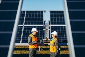 New Solutions for Your Power Needs - 2 people in front of solar panels on a solar farm