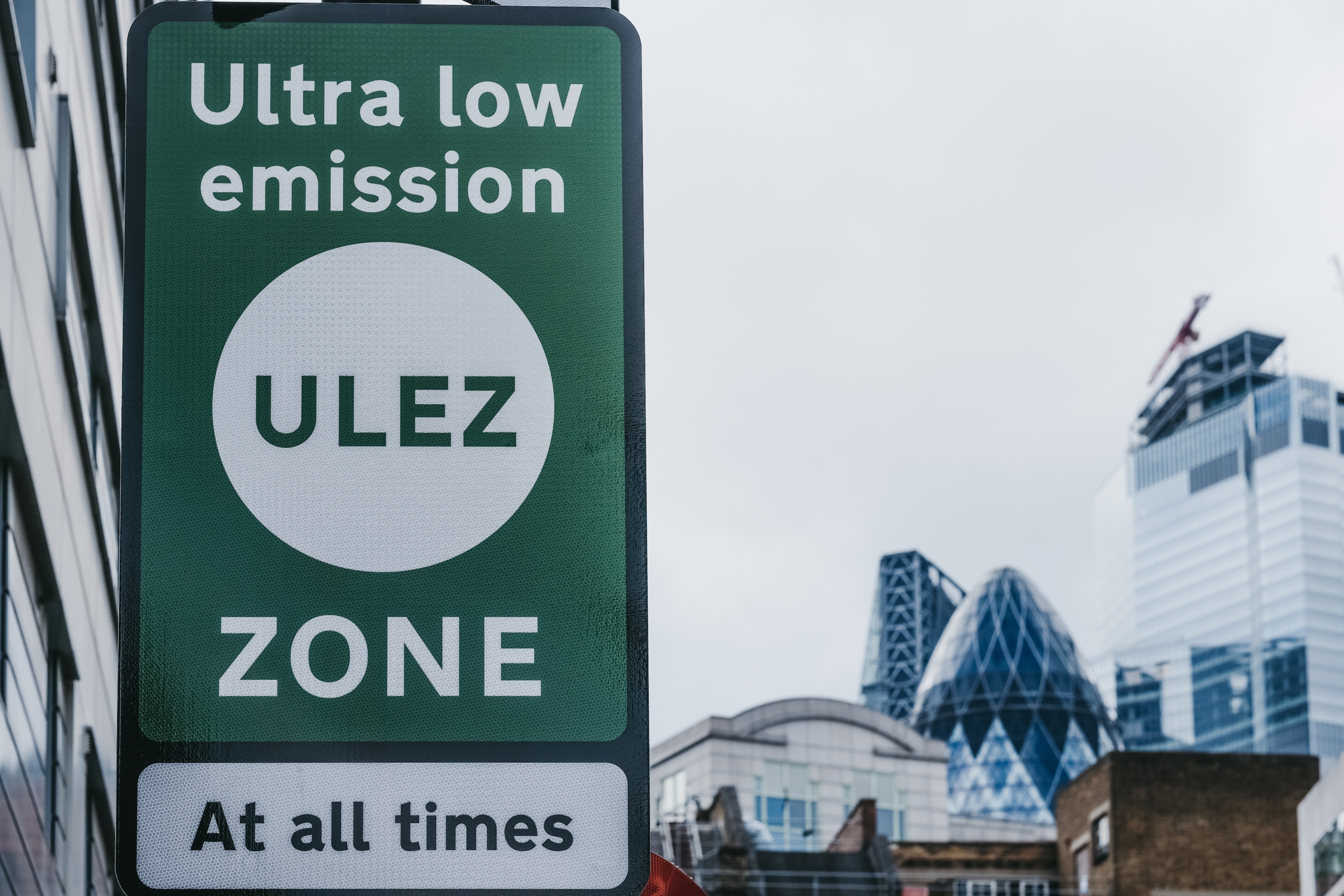 London ULEZ is expanding - Sign indicating Ultra Low Emission Zone (ULEZ) on a street in London, UK